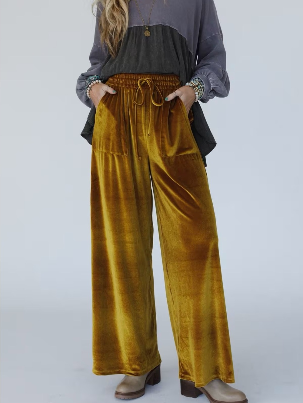 NEW Three Bird Nest Velvet Wide-Leg Pants Marigold Boho XL